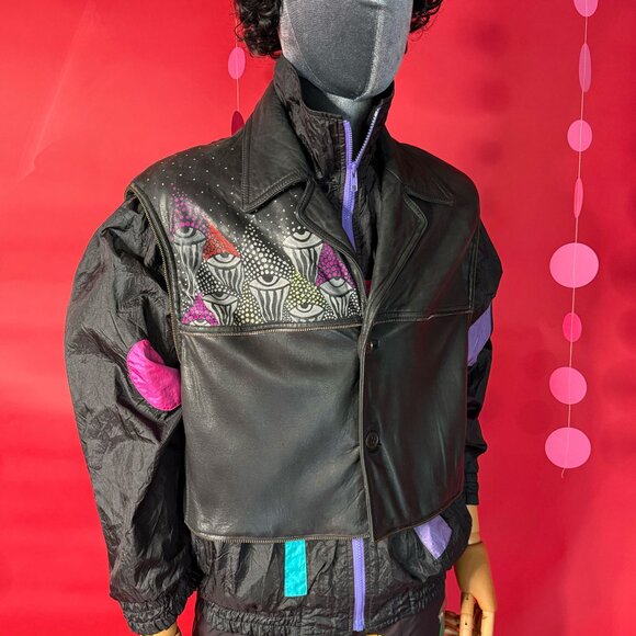 Vintage 90s Upcycled Black Leather Vest – Hand Painted All Seeing Eye Design - Picture 3 of 12